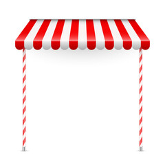 Obraz premium Red shop sunshade with stand holders. Realistic striped cafe awning. Outdoor market tent. Roof canopy. Summer street store. Vector illustration