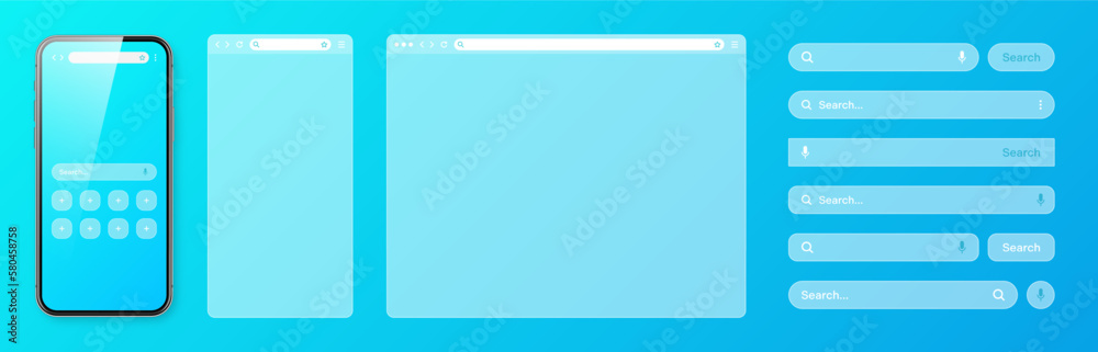 Wall mural smartphone, transparent internet browser window with various search bar templates. web site engine w