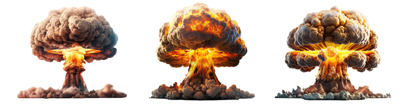 Set of nuclear explosions and mushroom cloud isolated on transparent background - Generative AI