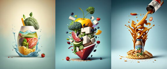 Obraz premium Food and sweets advertising collage on a one tone background, collection