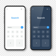 Smartphone with blank internet browser window and search bar, dark mode. Web site engine with search box, address bar and text field. UI design, website interface elements. Vector illustration