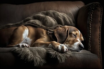 Obraz premium Dog sleeping on couch. Generative AI