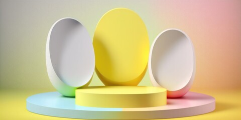 Happy Easter concept. Easter eggs with podium empty pedestal in color spring stage design background, copy space. Holiday sale special season promotions product placement template, AI generative.