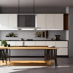 A minimalist kitchen with white walls and a few simple decoration3, Generative AI