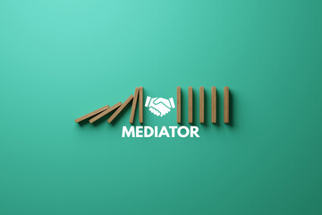 Dominoes falling over, stopped by hand and mediator. The concept of mediation and the use of mediator services. Mediation help for people in problems. 3D render, 3D illustration.