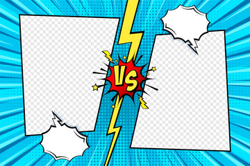 Cartoon comic background with blank place for your design. Fight versus. Comics book colorful competition or challenge poster mockup. Retro Pop Art style. Vector illustration