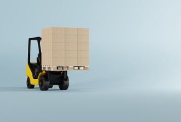 Forklift with a pallet and cardboard boxes. The concept of transport, the work of couriers and logistics companies. Couriers delivering parcels. 3D render, 3D illustration.