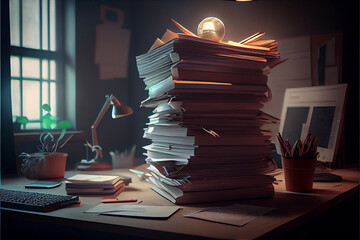 Giant pile of paperwork stacked on table. Pressure of paperwork. Giant stack of paper documents. High quality illustration.
