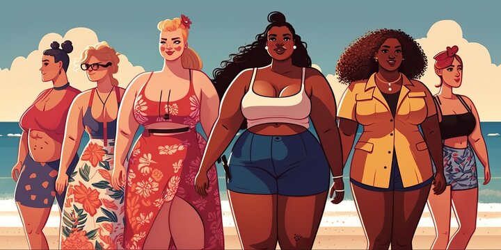 Group of friends with diverse ethnicities and body types enjoying day at beach showcasing beauty of diversity and inclusivity, created with Generative AI technology