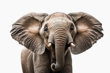Fototapeta na wymiar Elephant portrait. Elephant's mouth is open. On a white background is an elephant. Generative AI