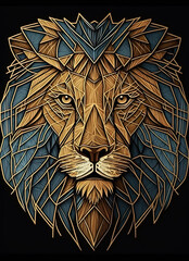 sacred geometry concept of a big cat looking into the camera, fractal face lion, generative ai