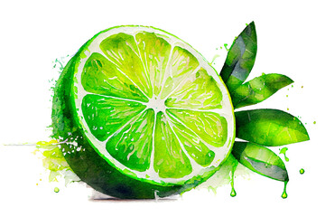 Fototapeta na wymiar Juicy lime half with green leaves, watercolor drawing on a white background. Generative AI.
