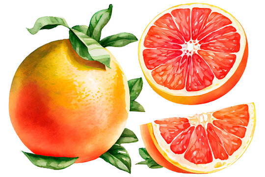 Ripe juicy grapefruit slices, watercolor drawing on a white background. Generative AI.