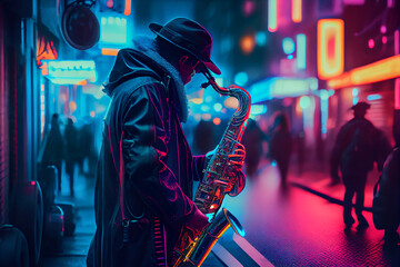 Street musician playing saxophone in the evening street with neon lights background. Joyful musician playing music at night city. High quality illustration. - obrazy, fototapety, plakaty
