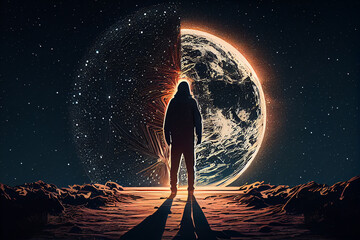 human silhouette against the starry sky and planet , space, stars, the universe. Black outline, starry skyHigh quality illustration.