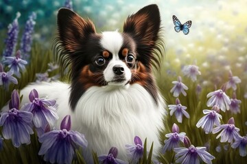 Fototapeta na wymiar Dog Papillon in a flower field. spring pet. Generative AI