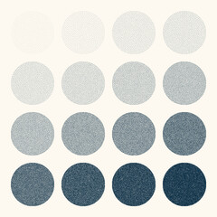 Round shaped dotted objects, vintage stipple elements. Fading gradient. Stippling, dotwork drawing, shading using dots. Halftone disintegration effect. White noise grainy texture. Vector illustration