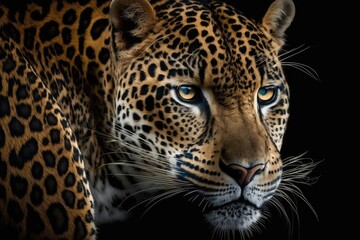 Fototapeta na wymiar Face of a jaguar, up close, on a black background. Generative AI