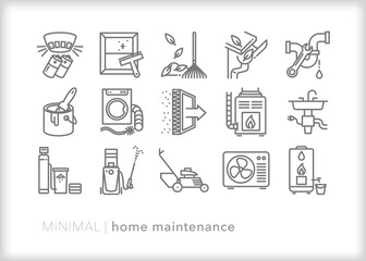 Set of home maintenance line icons of annual checkups and appliances that need regular cleaning