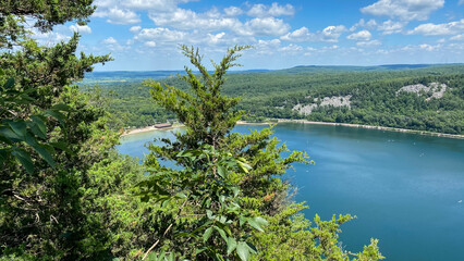 lake with beach in the bluffs