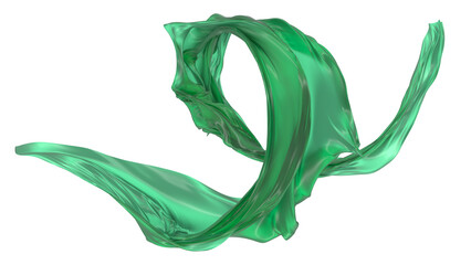 Beautiful flowing fabric flying in the wind. Green wavy silk or satin. Abstract element for design. 3D rendering image. Image isolated on a white background.