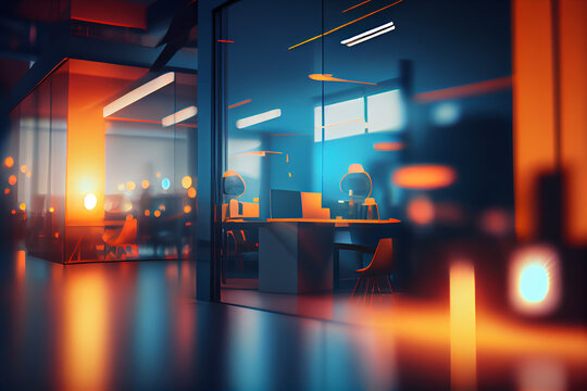 Modern office environment with neon colours. Blurry and defocus office background. Concept of modern interior working space. High quality illustration.