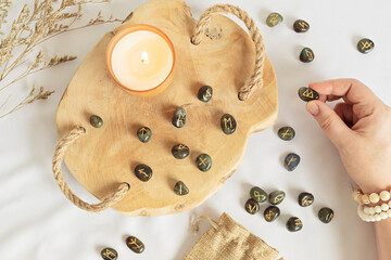 Set of rune stones for divination and fortune telling. Mystic still life with labradorite runes....