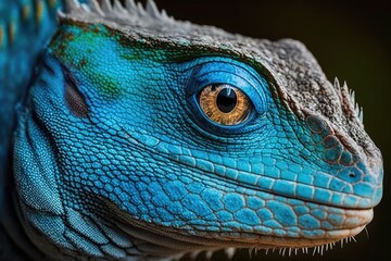 Close up of a Blue Iguana's head, Grand Cayman Blue Iguana, by Cyclura Lewisi. Generative AI