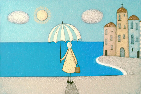 woman under umbrella at seaside, generative ai illustration