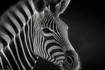 Close up black and white picture of the face of a Grevy's zebra. Vertically. Generative AI