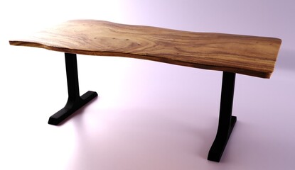 Wooden lacquered table with black metal legs on white background. Modern live edge elm slab coffee table with inner knot in bizarre pattern shape and tree table. 3d rendering.