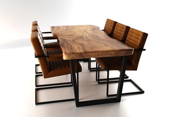Wooden lacquered table with black metal legs on white background. Office tree table. Meeting room. 3d rendering.