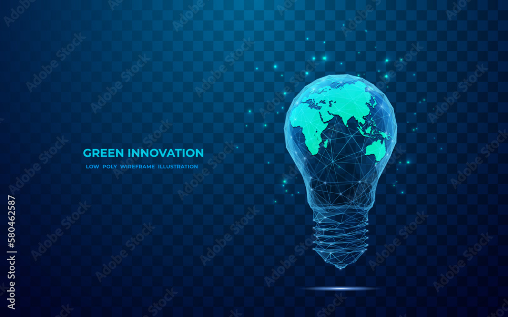 Poster earth inside a light bulb. digital eastern hemisphere and abstract light bulb. technology low poly w