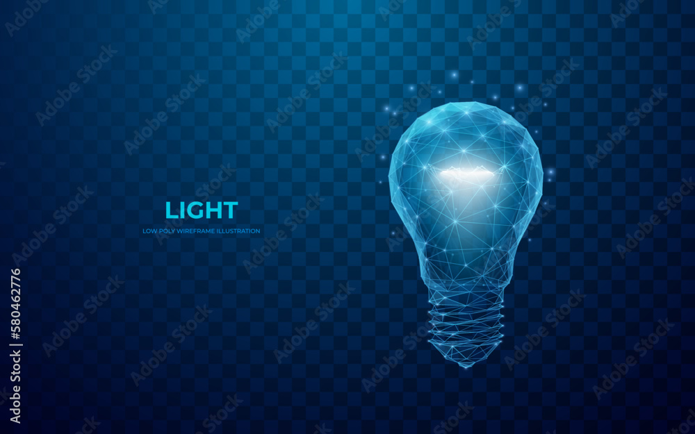 Poster Abstract light bulb consisting of polygons, points, lines, and shapes. Digital Idea concept. Technology 3D vector illustration. Isolated Low poly wireframe blue image on transparent background. 