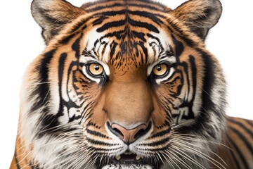 Close up of a male tiger facing the camera, big cat, on a white background. Generative AI
