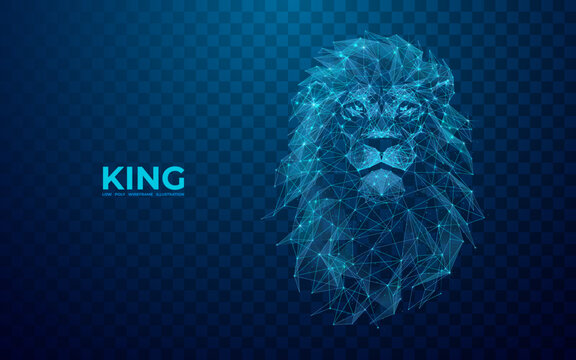 Abstract digital lion in polygons, lines and connected dots. King of beasts. Technology wild concept. Low Poly Wireframe 3D Vector illustration in blue. 