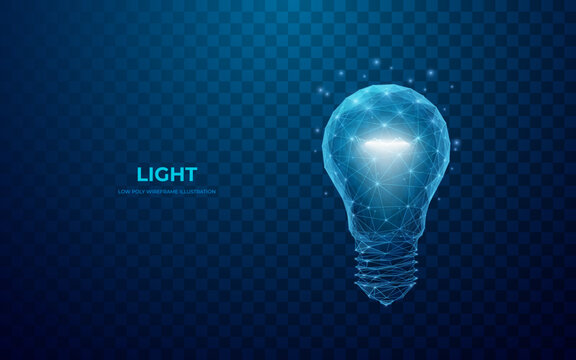Abstract light bulb consisting of polygons, points, lines, and shapes. Digital Idea concept. Technology 3D vector illustration. Isolated Low poly wireframe blue image on transparent background. 