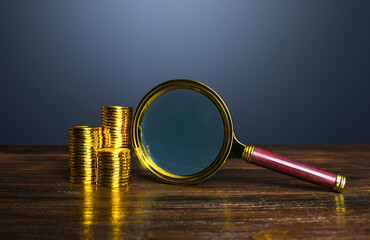 Money and a magnifying glass. Personal finance and corporate accounting. Investigate financial...