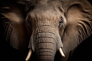 Close up portrait of an African elephant coming out of the shadows. Generative AI