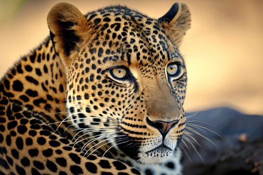 Close up picture of a young leopard in nature. Generative AI