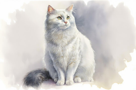 Generative AI. White cat, watercolor illustration isolated on white background
