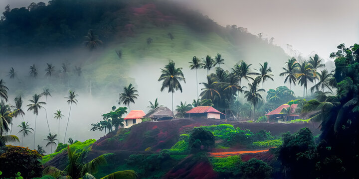 Illustration of panoramic view of Kerala, India landscape, AI Generated image.