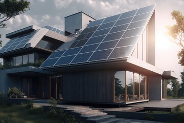 Fototapeta premium Energy Efficient House With Solar Panels And Wall Battery For Energy Storage Generative AI