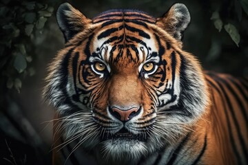 Obraz premium Close up tiger portrait. Animal looking on camera. Danger animal in nature habitat. Generative AI
