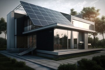 Fototapeta na wymiar Energy Efficient House With Solar Panels And Wall Battery For Energy Storage Generative AI