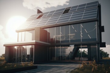 Energy Efficient House With Solar Panels And Wall Battery For Energy Storage Generative AI

