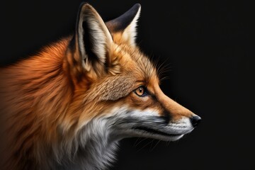 Close up profile portrait of a red fox on a black background. Generative AI