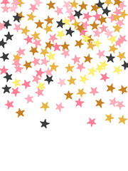 Trendy black pink gold stardust scatter design. Many stardust spangles Noel decoration confetti. Dreams star dust texture. Spangle confetti banner decor.