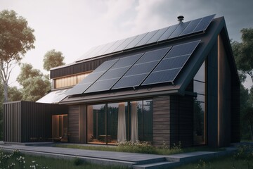Fototapeta na wymiar Energy Efficient House With Solar Panels And Wall Battery For Energy Storage Generative AI