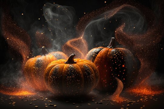 Halloween pumpkins floating in smoke with shiny glitter particles, black and orange smoke, abstract, AI